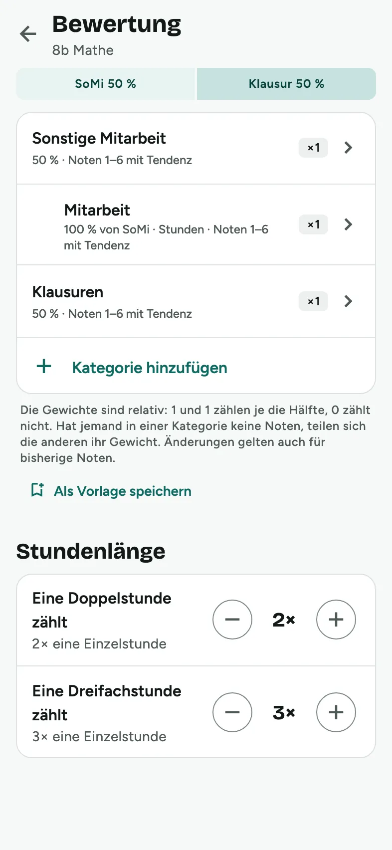 Bewertung eines Kurses mit Kategorien, Gewichten und Stundenlänge